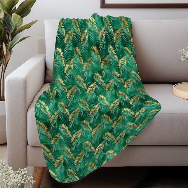 Cobertor Sherpa Glam Emerald Green - Folhagem Tropical Dourada (Criador carregado)
