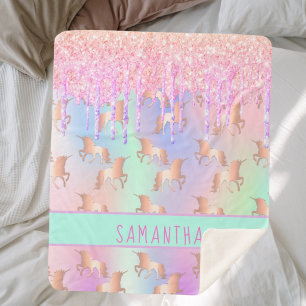 Cobertor Sherpa Glitter do Unicórnio pinga a monograma rosa-arco-í