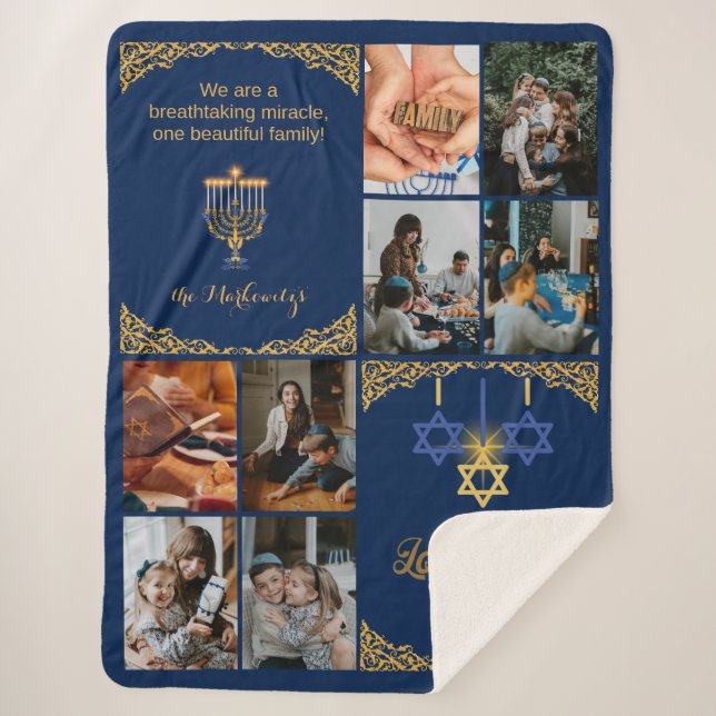 Cobertor Sherpa Golden Family Photo Hanukkah Miracle Navy Blue  (Frente)