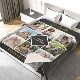 Cobertor Sherpa Graduação 8 Grade de Foto Preta e Formando Dourado