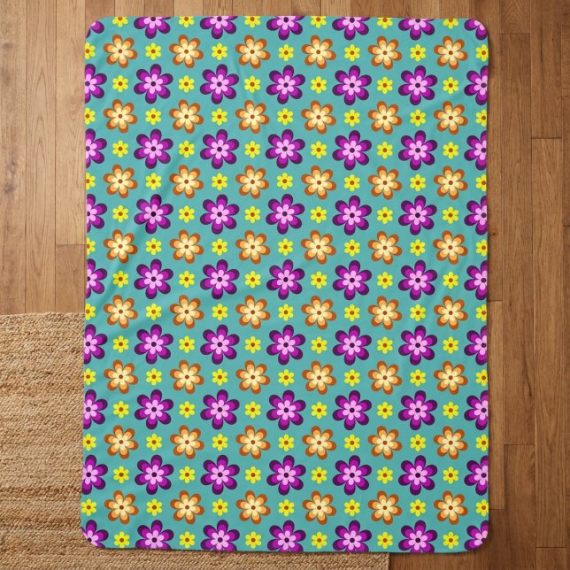 Cobertor Sherpa Grande de Flores Retrô Coloridas (Top down view of Cute Colorful Retro Flowers Large Sherpa Blanket on a wooden floor.)