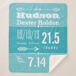 Cobertor Sherpa Gravação de Nascimento Bebê Nascê Stats Teal Blue