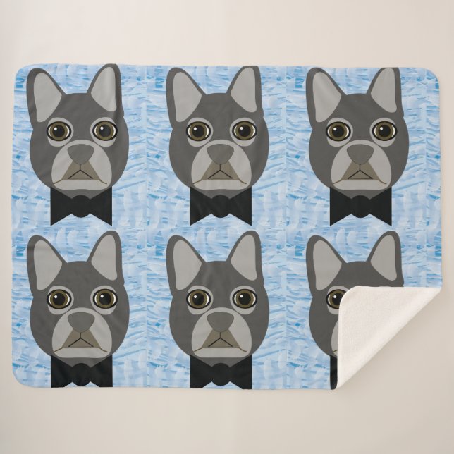 Cobertor Sherpa Gray French Bulldog, watercolor blue (Frente (Horizontal))