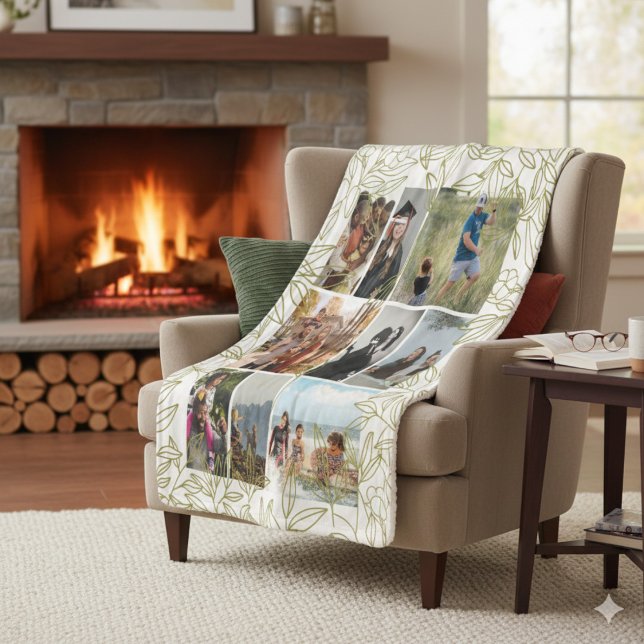 Cobertor Sherpa Greenery 9 Photo Collage Personalized  (blanket mockup in a cozy living room)