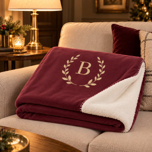 Cobertor Sherpa Grinalda elegante monogramada em dourado burgundy