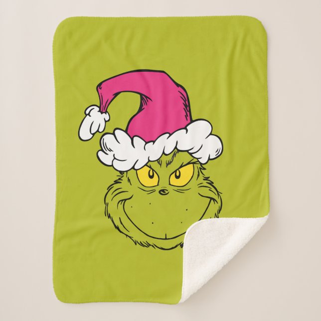 Cobertor Sherpa Grinch com Chapéu de Papai Noel Rosa (Frente)