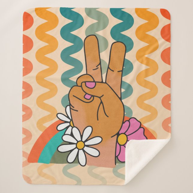 Cobertor Sherpa Groovy Retro Peace Sinal Flower Rainbow (Frente)