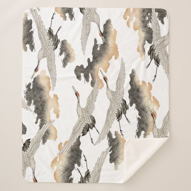 Cobertor Sherpa grua estilo japonês: elegante design. (Frente)