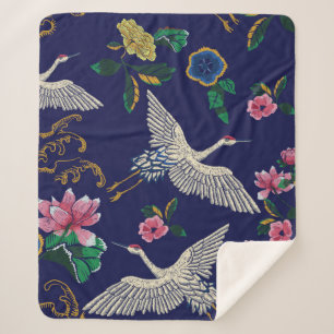 Cobertor Sherpa Gruas, ondas e flores japonesas. Embroiderme doent