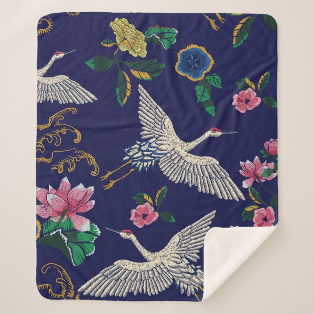 Cobertor Sherpa Gruas, ondas e flores japonesas. Embroiderme doent (Frente)