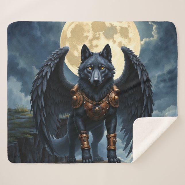 Cobertor Sherpa Guardião da Lua – O Lobo de Asa Preta (Frente (Horizontal))