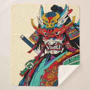 Cobertor Sherpa Guerreiro feroz Samurai - Bushido japonês colorido