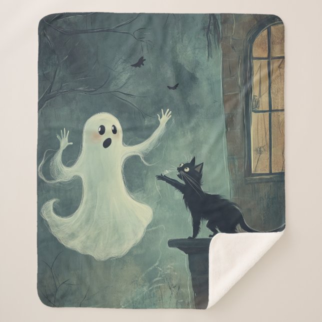 Cobertor Sherpa Halloween Cat e Ghost (Frente)
