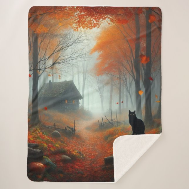 Cobertor Sherpa Halloween/outono/Outono/Abóbora/gato (Frente)