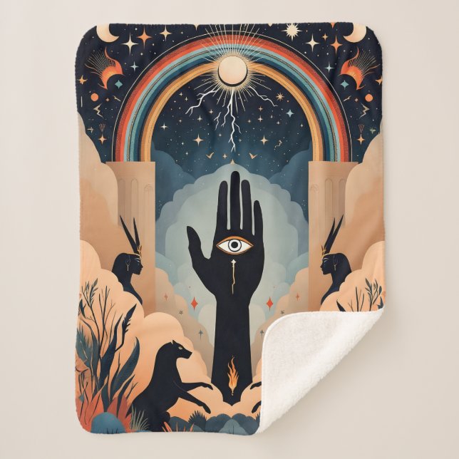 Cobertor Sherpa Hamsa Olhos e Símbolos Místicos Cobertos - Espirit (Frente)