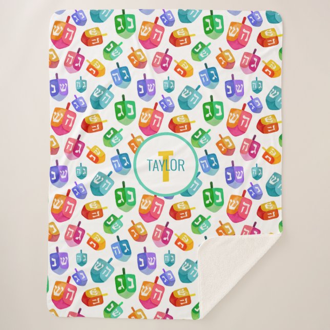 Cobertor Sherpa Hanukkah Dreidels Rainbow Watercolor Holiday (Frente)