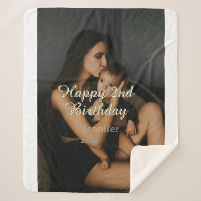 Cobertor Sherpa Happy 2nd birthday kids baby mother yellow gray na (Frente)