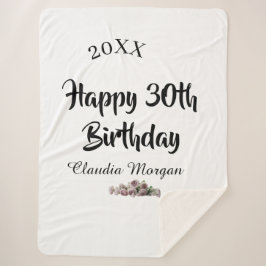 Cobertor Sherpa Happy 30th birthday pink white mauve floral name y