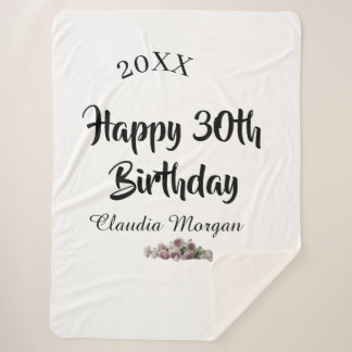 Cobertor Sherpa Happy 30th birthday pink white mauve floral name y