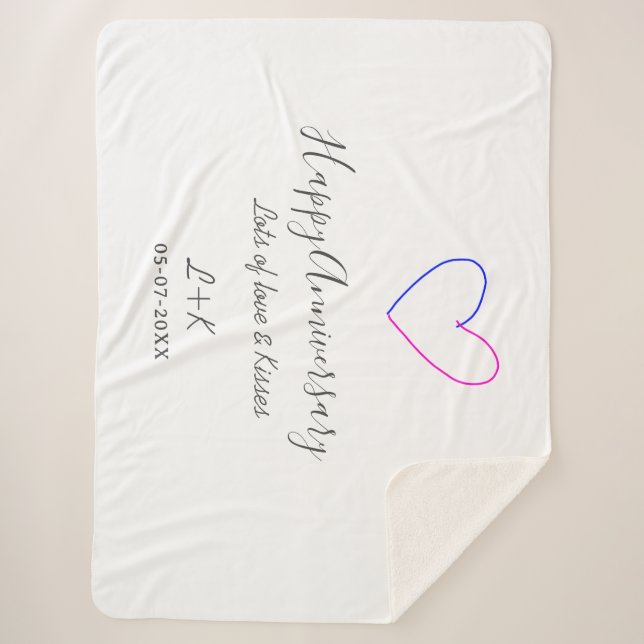 Cobertor Sherpa Happy anniversary pink blue heart name date simple (Frente)