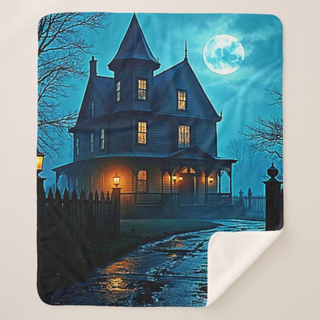 Cobertor Sherpa Haunted Mansion Blue Moonlight Night Design (Frente)