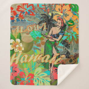 Cobertor Sherpa Hawaii Flower Hula Vintage - Gráfico Floral
