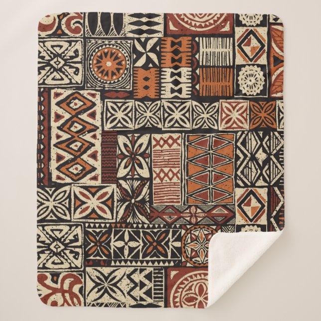 Cobertor Sherpa Hawaiian style tapa tribal fabric abstract patchwo (Frente)