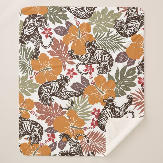 Cobertor Sherpa Hibiscus Tiger, Padrão Exótico. (Frente)