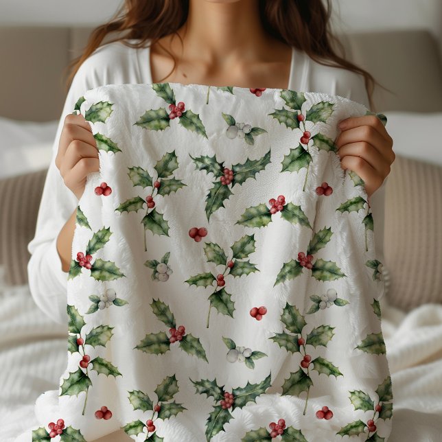 Cobertor Sherpa Holly Monogrammed Natal (Holly Christmas Sherpa Blanket)