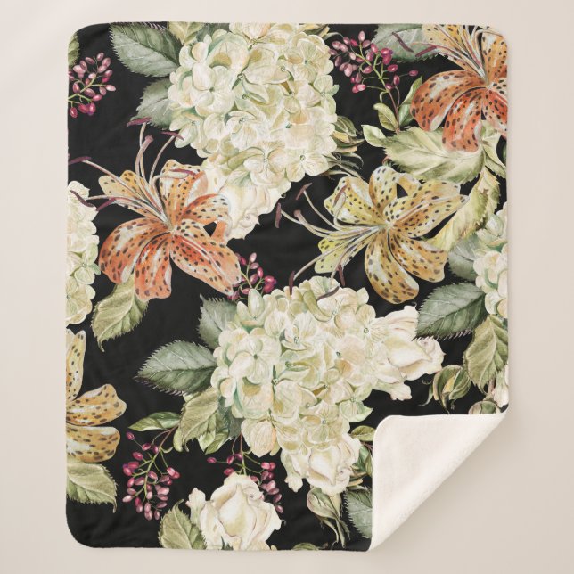 Cobertor Sherpa Hydrangeas de Aquarela Lírios: Padrão Floral (Frente)