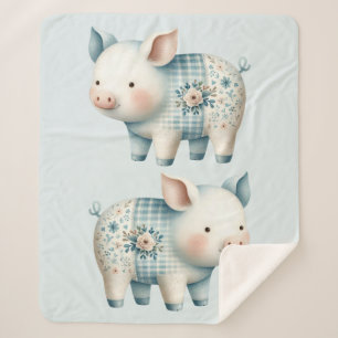 Cobertor Sherpa Ilustração Cottagecore de Porco em Patchwork Azul