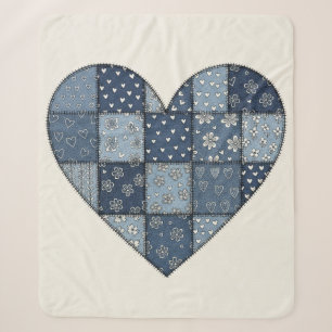 Cobertor Sherpa Ilustração de Coração de Patchwork em Denim Azul R