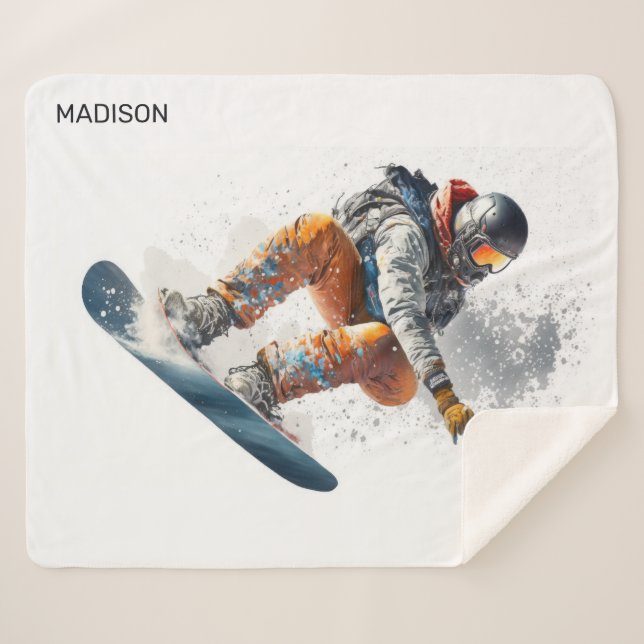 Cobertor Sherpa Ilustração de Snowboarder de Nome Personalizado (Frente (Horizontal))