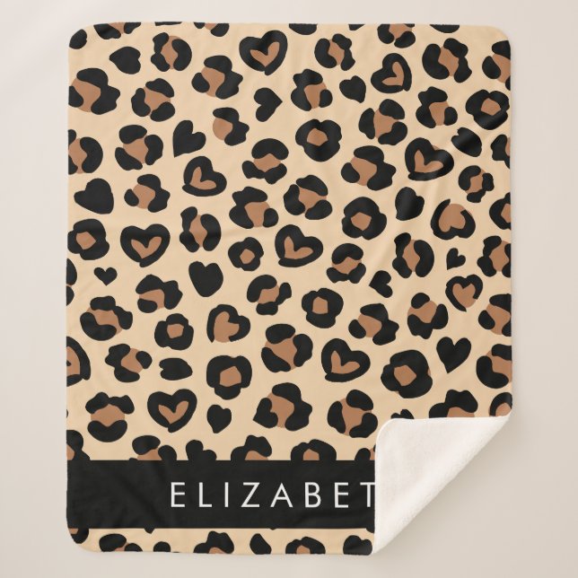Cobertor Sherpa Impressão Animal, Leopardo Marrom, Corações, Seu N (Frente)