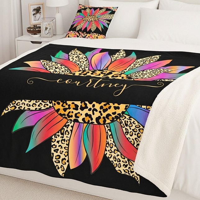 Cobertor Sherpa Impressão arco-íris e leopardo personalizada (Criador carregado)