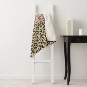 Cobertor Sherpa Impressão de Leopardo Preto Glitter Dourado Elega