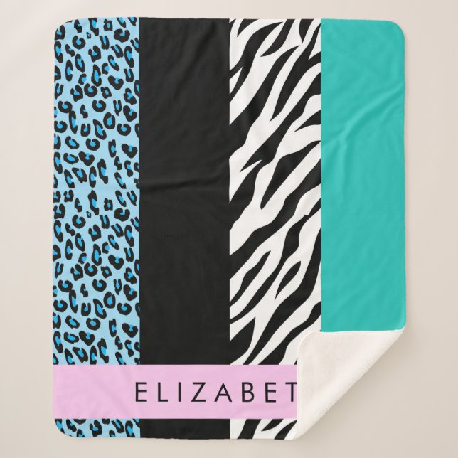 Cobertor Sherpa Impressão Leopardo, Impressão Zebra, Azul, Seu Nom (Frente)