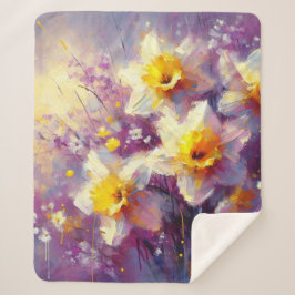 Cobertor Sherpa Impressionista Daffodil Floral Purple Yellow Art