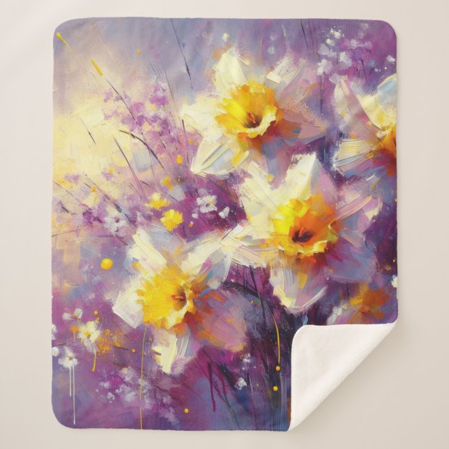 Cobertor Sherpa Impressionista Daffodil Floral Purple Yellow Art (Frente)