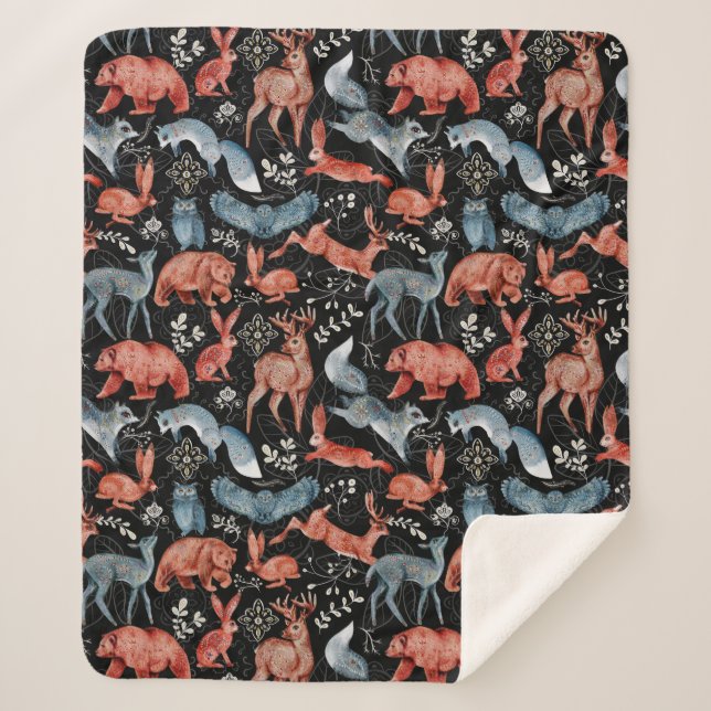 Cobertor Sherpa  Intricate woodland animals pattern (Frente)