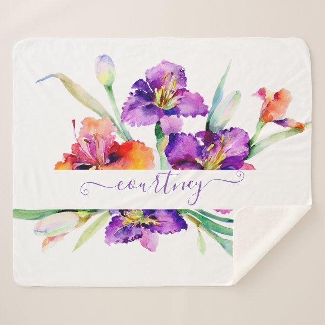 Cobertor Sherpa Íris personalizada em aquarela roxa (Frente (Horizontal))