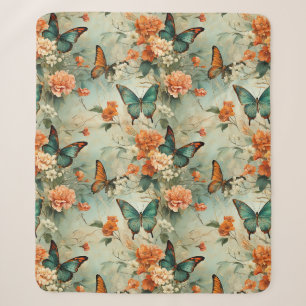 Cobertor Sherpa Jardim Floral Laranja Borboleta Teal Vintage