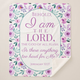 Cobertor Sherpa Jeremiah 32:27 com fundo de flores roxas
