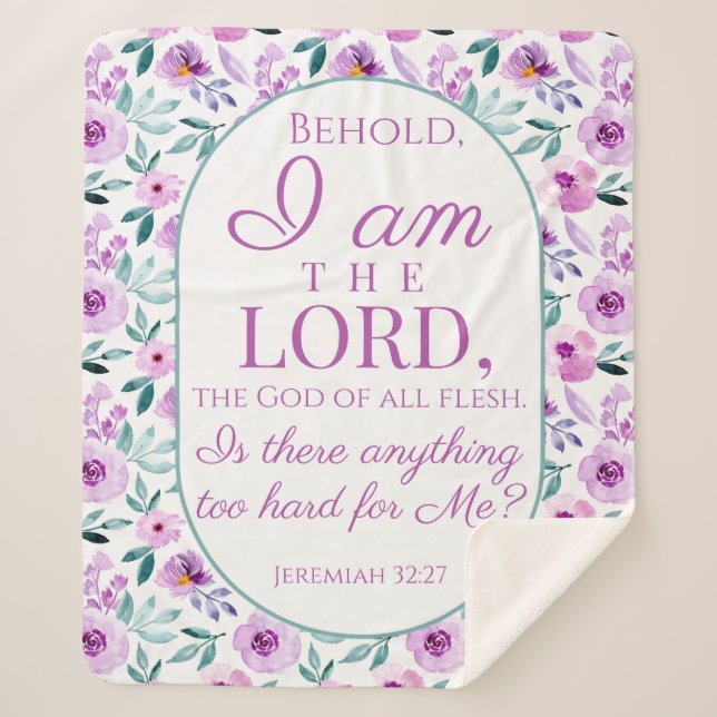 Cobertor Sherpa Jeremiah 32:27 com fundo de flores roxas (Frente)