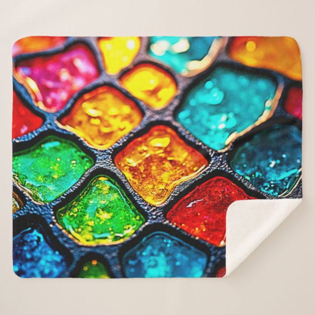 Cobertor Sherpa Jewel Tone Stained Glass Art Glow Design (Frente (Horizontal))