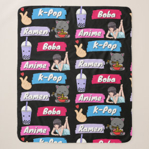Cobertor Sherpa K-Pop, Ramen, Boba e Anime Padrão K-Drama