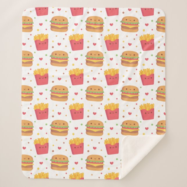Cobertor Sherpa Kawaii Fries e Burger Patterno (Frente)