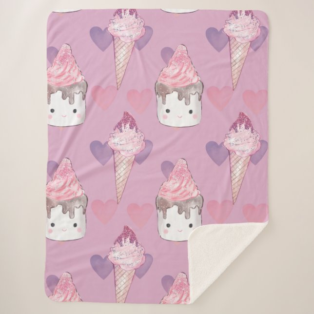 Cobertor Sherpa Kawaii Marshmallow e padrão de Sorvete (Frente)