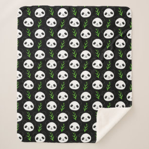 Cobertor Sherpa Kawaii Panda Pattern Bamboo Em Verde Branco Negro