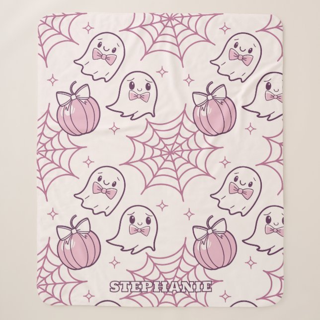 Cobertor Sherpa Kawaii Rosa Halloween Fantasmas e Abóbora (Frente)